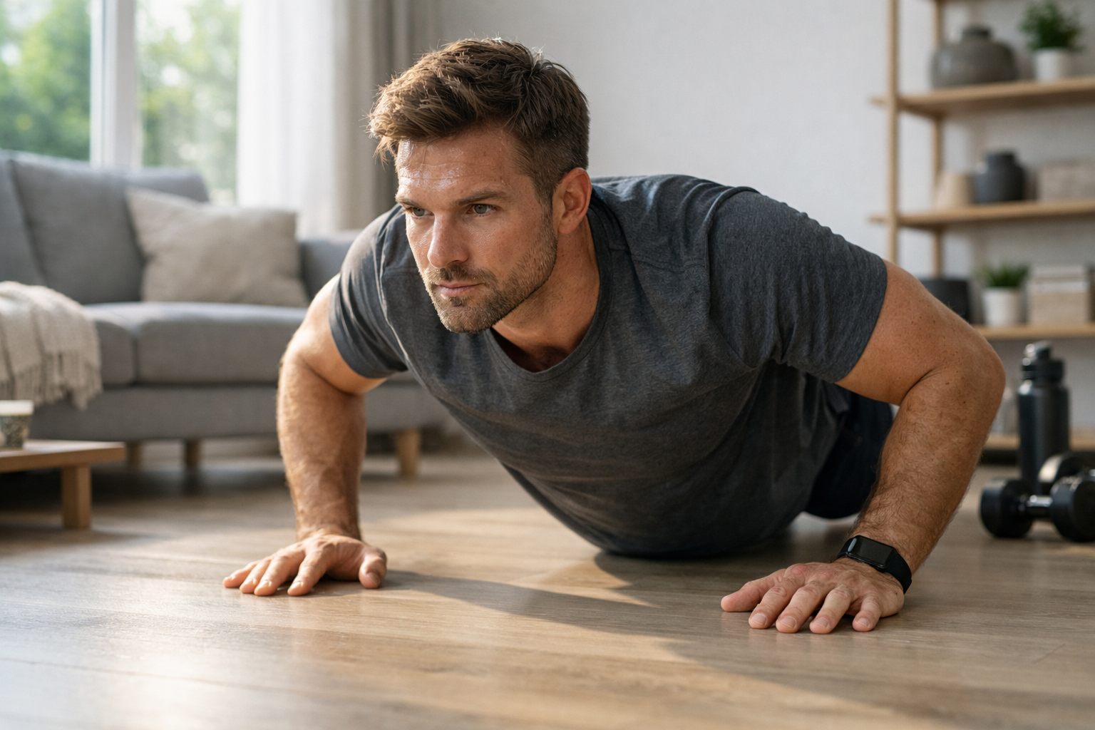 Чоловік робить віджимання на підлозі вдома