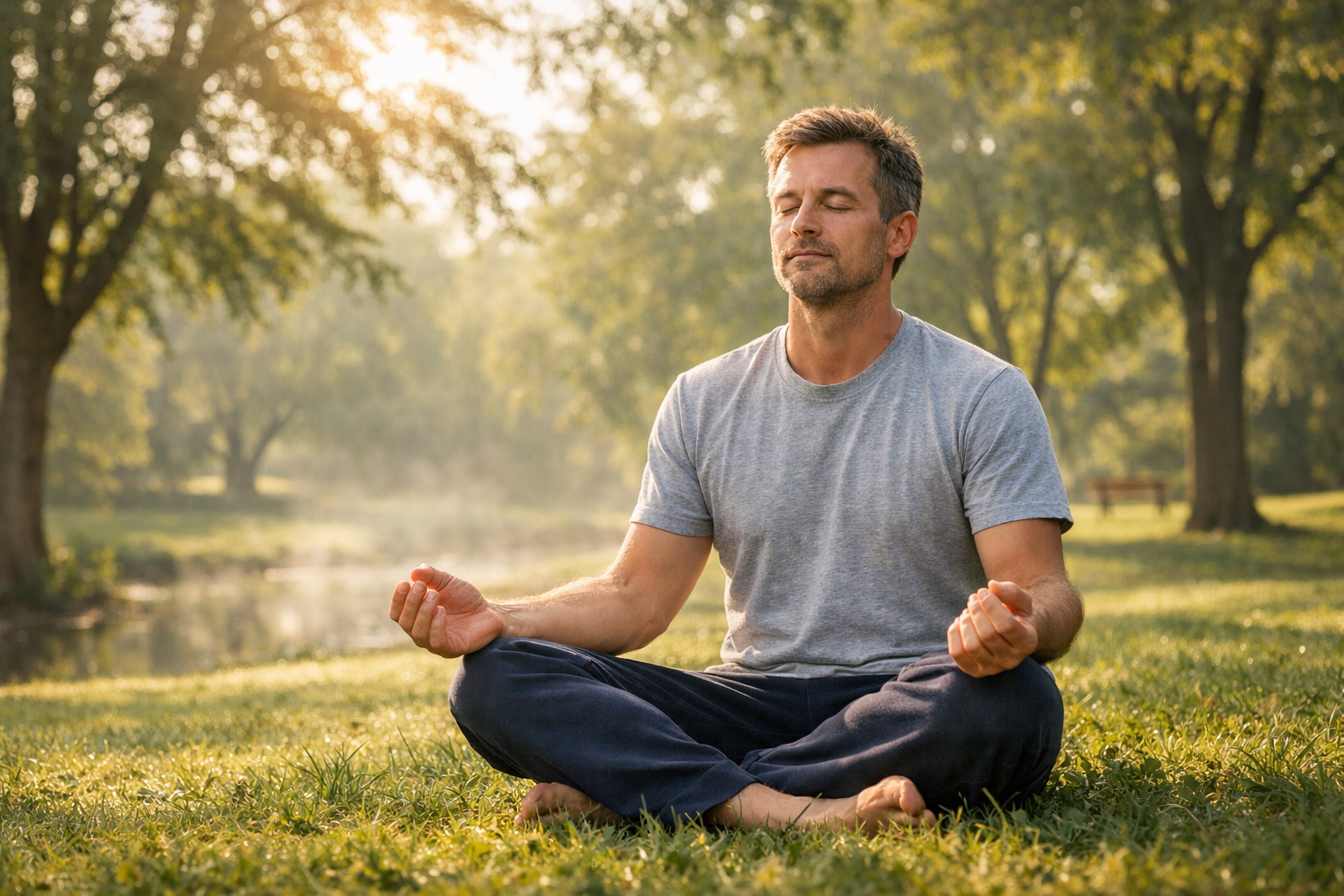Людина медитує на свіжому повітрі, усвідомлене дихання